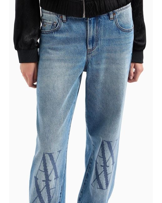Armani Exchange Blue Relaxed Fit Jeans In Rigid Denim With Embroidered Monogram