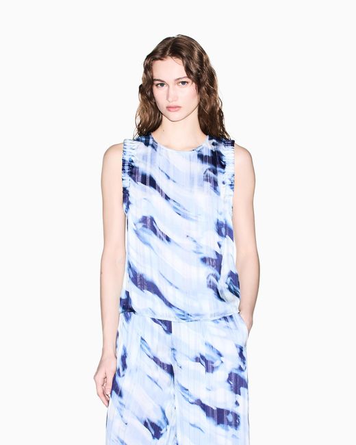 ARMANI EXCHANGE Blue Lightweight Georgette Top With Printed Stripes