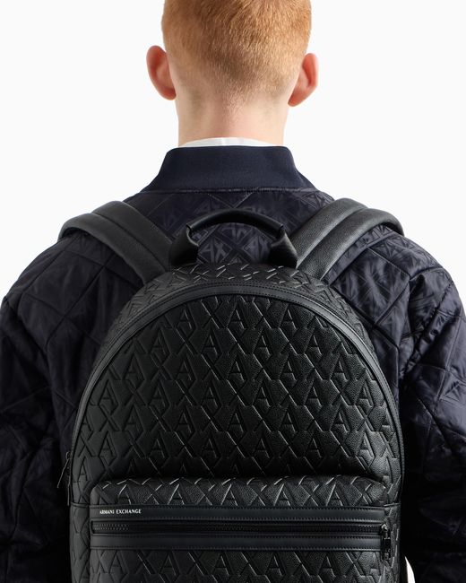 ARMANI EXCHANGE Black Backpack With Embossed Pattern And Front Zip Pocket for men