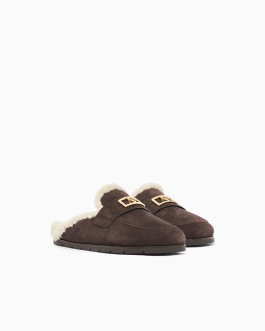 ARMANI EXCHANGE White Suede Clogs With Teddy Details