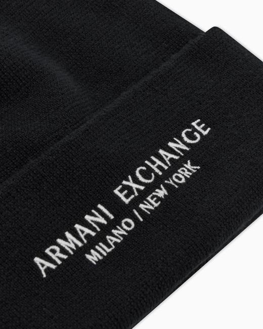 ARMANI EXCHANGE Black Knit Beanie Essential With A Folded Cuff And Embroidery for men