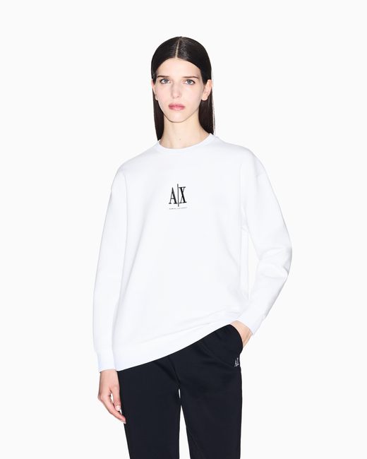 ARMANI EXCHANGE White Crew-Neck Stretch Cotton Sweatshirt With A Logo Icon