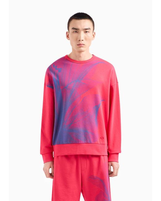 Armani Exchange Red Crew-neck Sweatshirt In Asv Organic Cotton With Foliage Print for men
