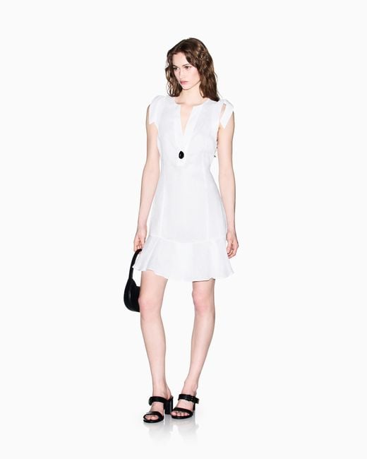 ARMANI EXCHANGE White Short Linen Poplin Dress With Button And Bows