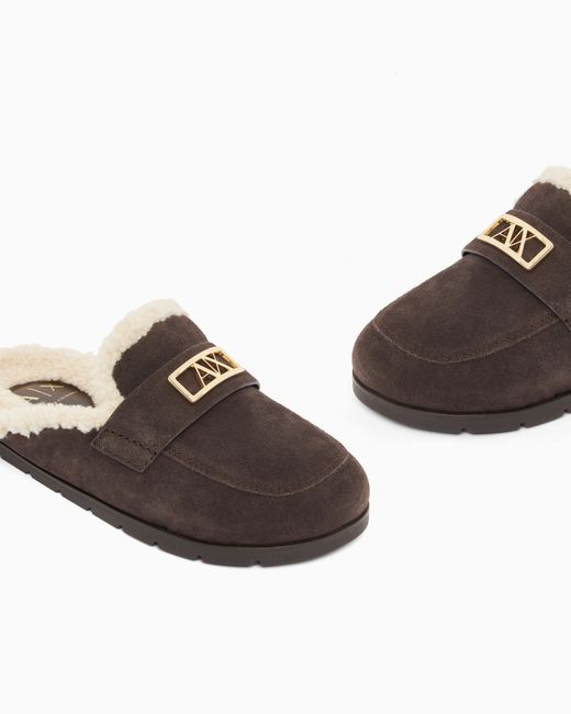 ARMANI EXCHANGE White Suede Clogs With Teddy Details