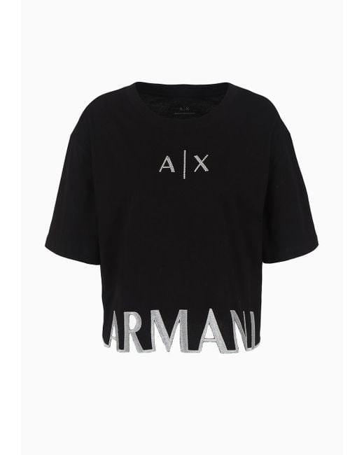 Emporio Armani Black Cropped Jersey T-shirt With Maxi Logo On The Profile