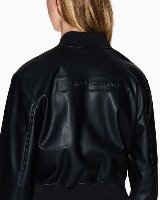 ARMANI EXCHANGE Black Faux Leather Bomber Jacket With Ribbed Trims Essential