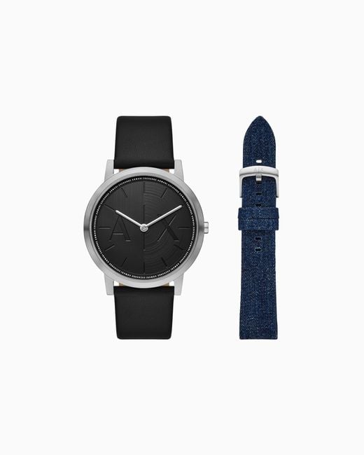 ARMANI EXCHANGE Black Two-Hand Leather Watch And Denim Strap Set for men