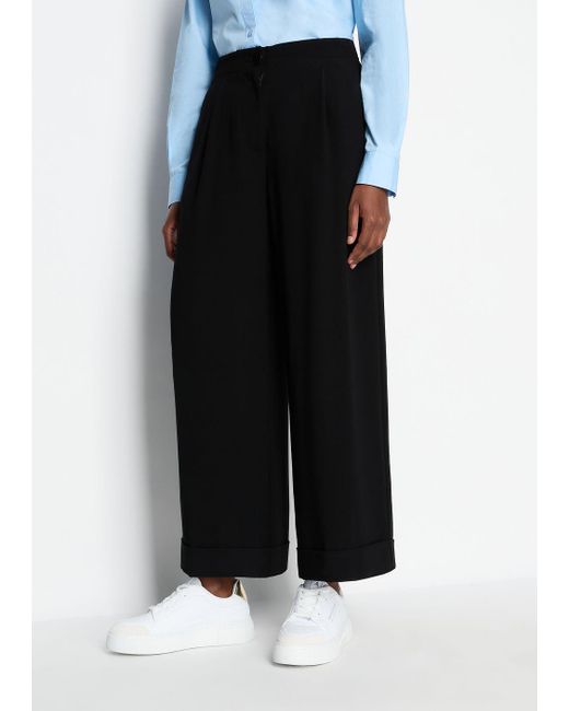 Armani Exchange Black Wide Trousers With Cuffed Hem In Asv Recycled Fabric