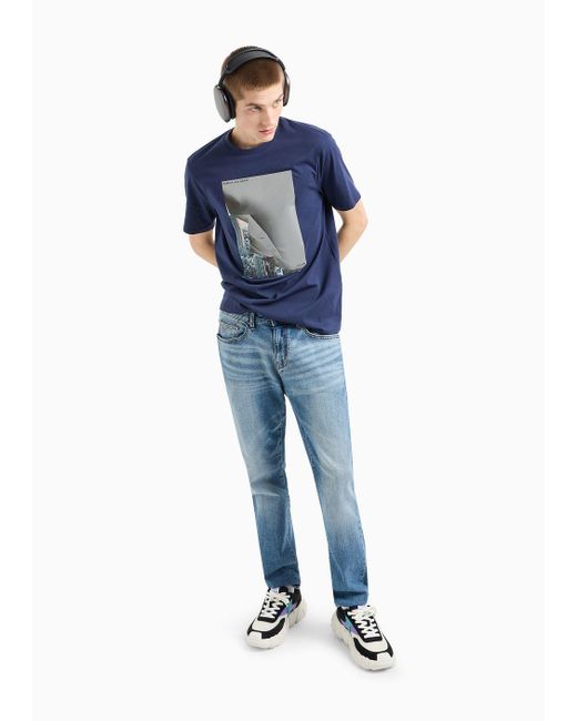 Armani Exchange Blue Regular Fit T-shirt In Cotton Jersey With Photographic Print for men