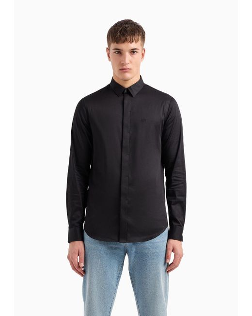 Armani Exchange Black Stretch Cotton Satin Slim Fit Shirt for men