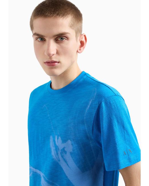 Armani Exchange Blue Regular Fit Cotton T-shirt With Maxi Foliage Print for men