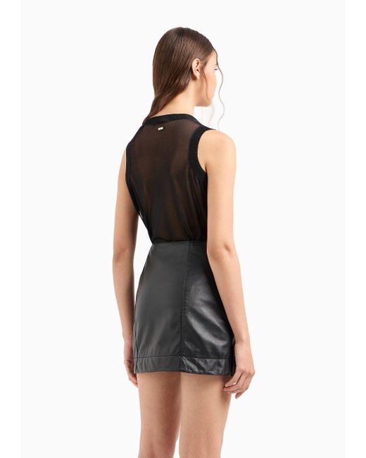 Armani Exchange Black Leather Miniskirt With Diagonal Buttoning