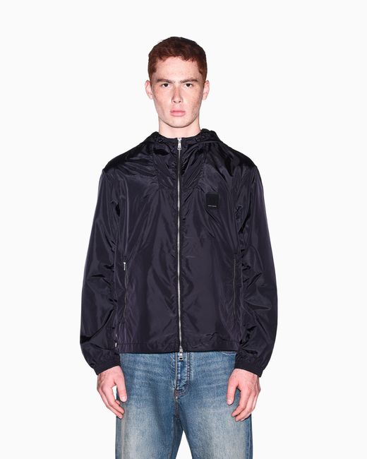 ARMANI EXCHANGE Blue Hooded Nylon Windbreaker Icon With A Zip And Logo Patch for men