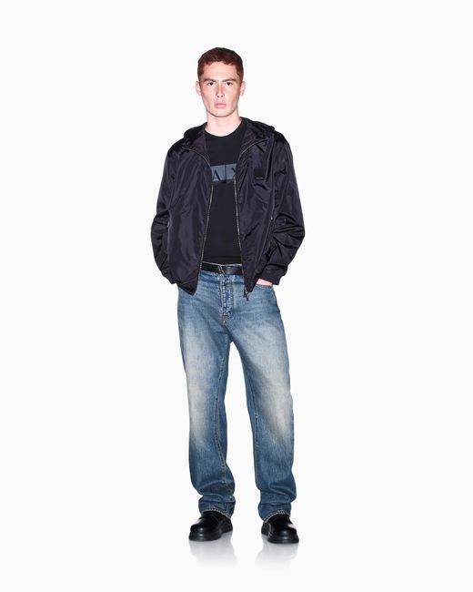 ARMANI EXCHANGE Blue Hooded Nylon Windbreaker Icon With A Zip And Logo Patch for men