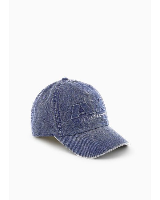 Armani Exchange Blue Hat With Visor In Used Effect Denim for men