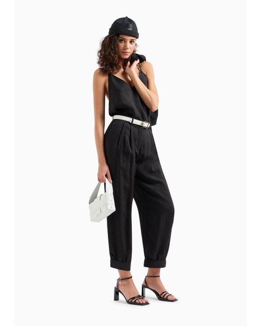 Armani Exchange Black Wide Trousers With Pleats In Satin Jacquard