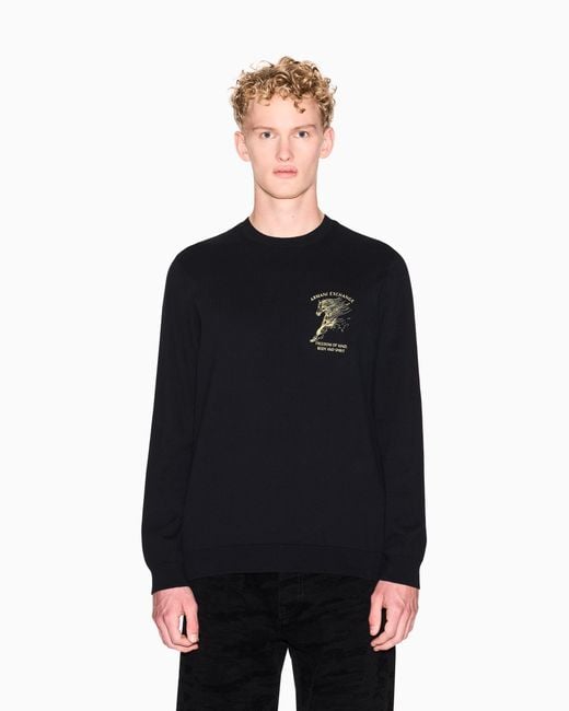 ARMANI EXCHANGE Black Crew Neck Sweater With Horse Embroidery for men