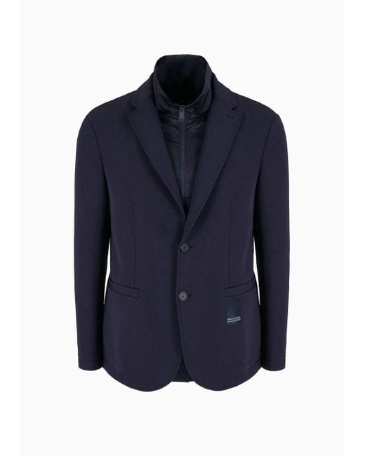 Armani Exchange Blue Single-breasted Jacket In Technical Fabric With Bib for men
