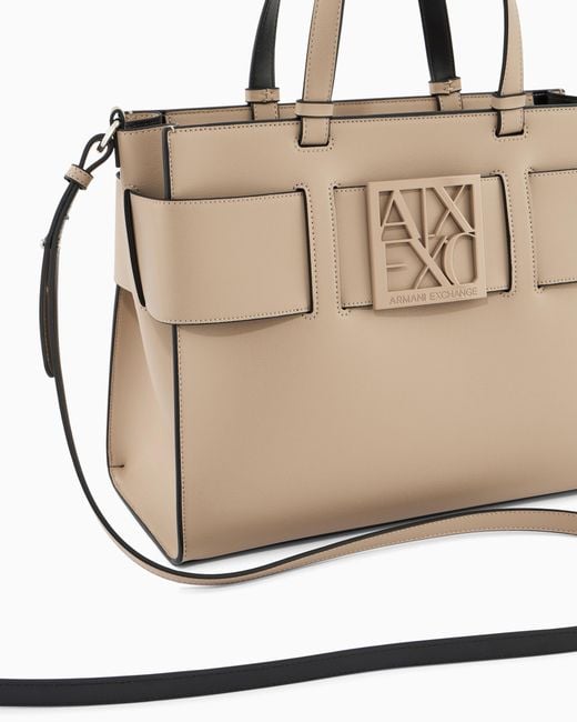 ARMANI EXCHANGE Natural Large Tote Bag With Double Handles And Shoulder Strap