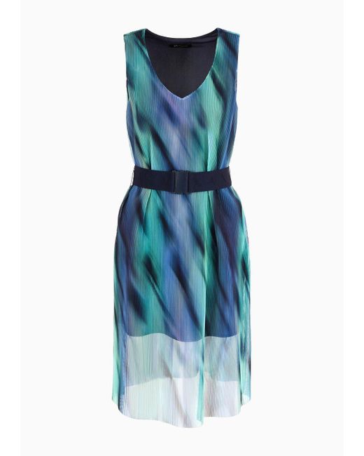 Armani Exchange Blue Midi Dress In Pleated Fabric