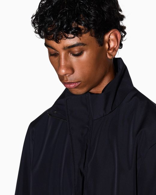 ARMANI EXCHANGE Blue Overcoat With A High Collar And Concealed Zipper Essential for men