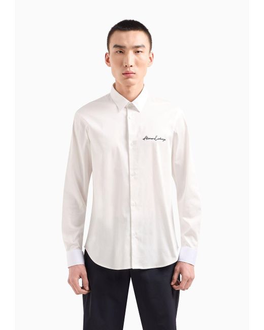 Camicia Regular Fit In Cotone Satinato Stretch di Armani Exchange in White da Uomo