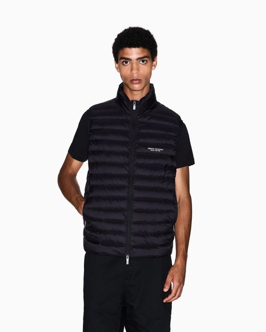 ARMANI EXCHANGE Blue Quilted Full-Zip Down Vest With A High Collar Essential for men