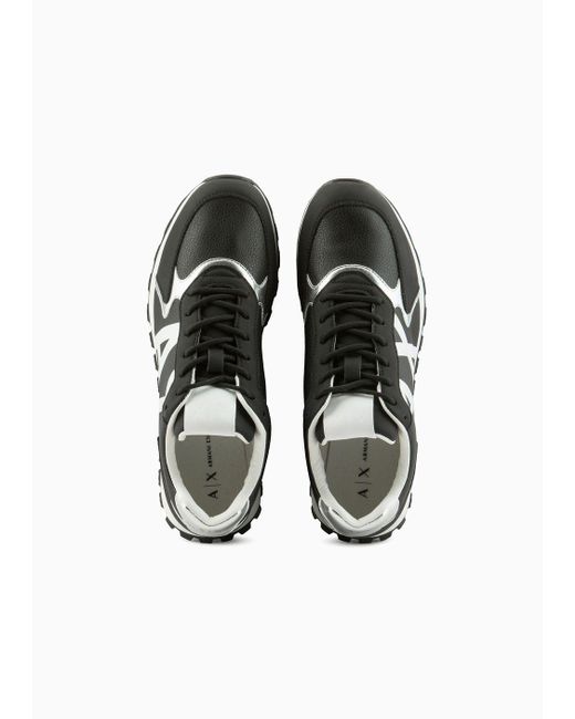 Armani Exchange Black Sneakers In Technical Fabric, Mesh And Suede