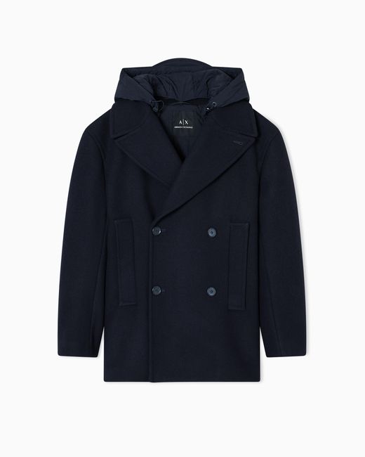 ARMANI EXCHANGE Double-Breasted Pea Coat With Hood in Blue for Men ARMANI EXCHANGE Double-Breasted Pea Coat With Hood in Blue for Men