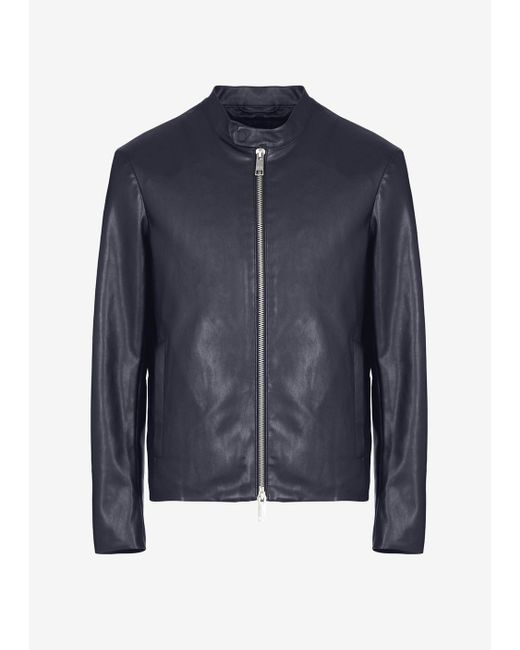 Armani Exchange Blue Faux Leather Biker Jacket for men