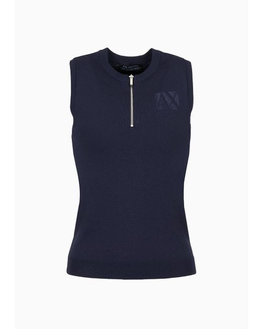 Armani Exchange Blue Asv Knitted Zip Neckline Logo Top