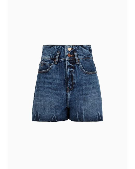Armani Exchange Blue High-waisted Shorts In Used-effect Denim