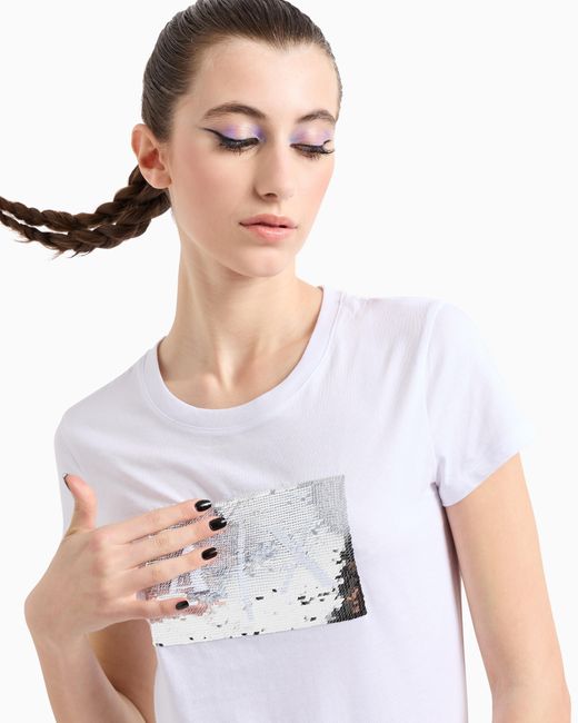ARMANI EXCHANGE White Schmal Geschnittenes T-Shirt Mit Strass-Logo