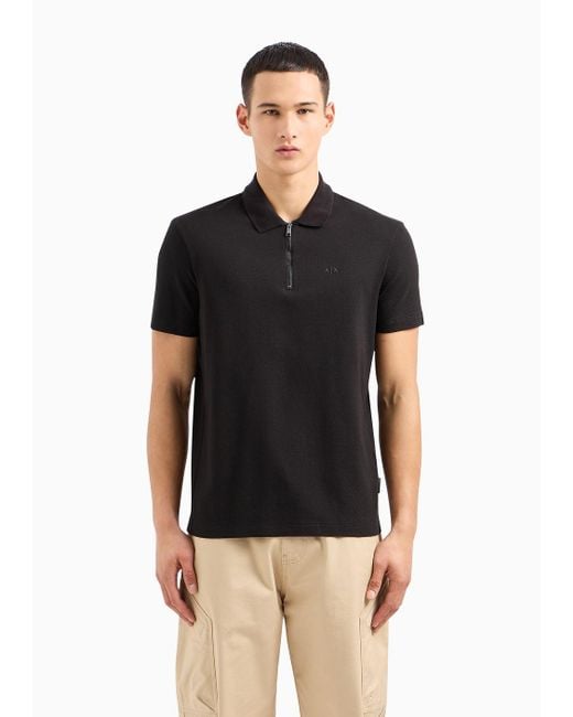 Armani Exchange Black Regular Fit Pique Polo Shirt With Zip for men