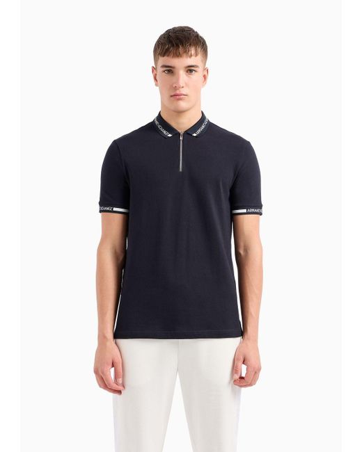 Armani Exchange Blue Regular Fit Pique Polo Shirt With Logo Tape for men