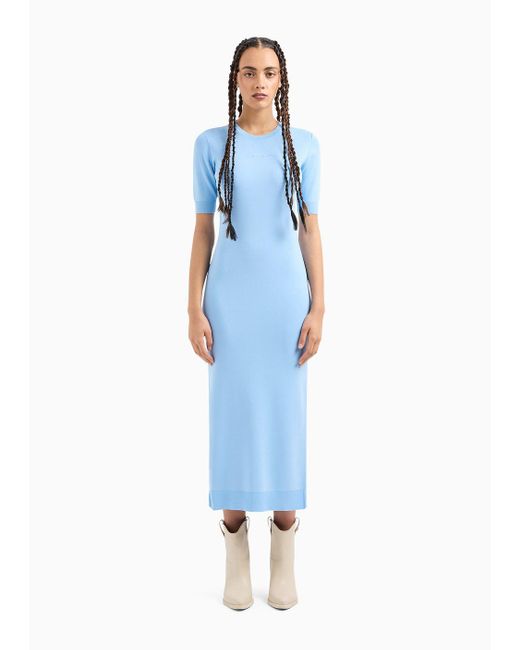 Armani Exchange Blue Asv Recycled Knit Logo Long Dress