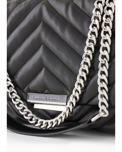 Armani Exchange Black Shoulder Bag In Quilted Material With Metal Details