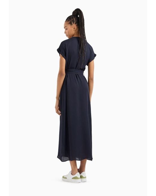 Armani Exchange Blue Long V-neck Sash Georgette Dress