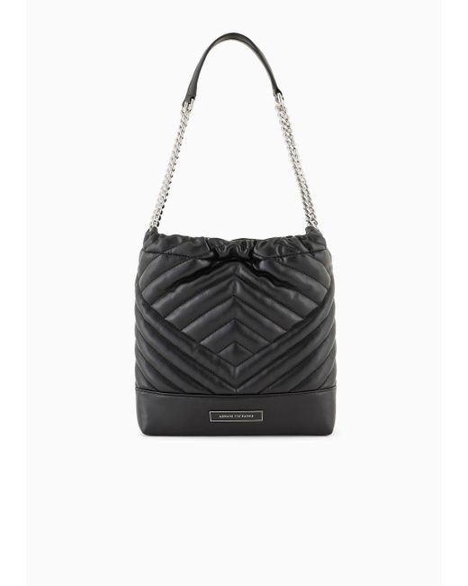 Armani Exchange Black Bucket Bag In Quilted Material With Metal Details