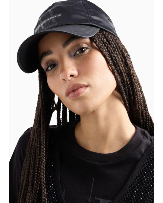 Armani Exchange Black Hat With Visor In Technical Fabric With Logo