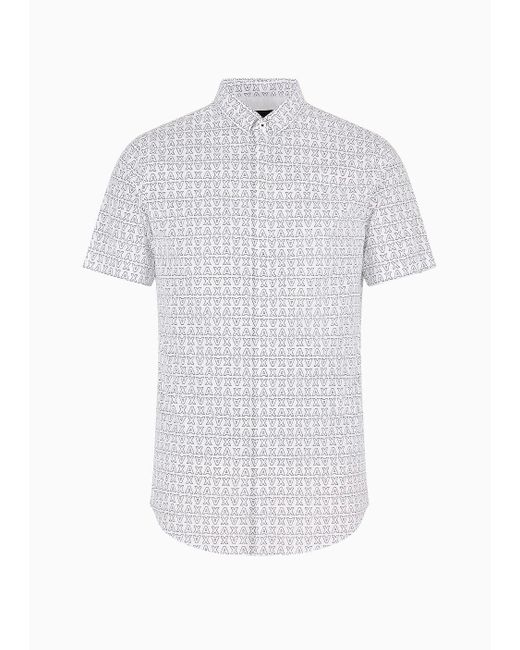 Armani Exchange White Slim Fit Stretch Cotton Poplin Button Up All Over Logo Shirt for men