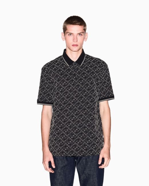 Polo Regular Fit Logo Allover di ARMANI EXCHANGE in Black da Uomo