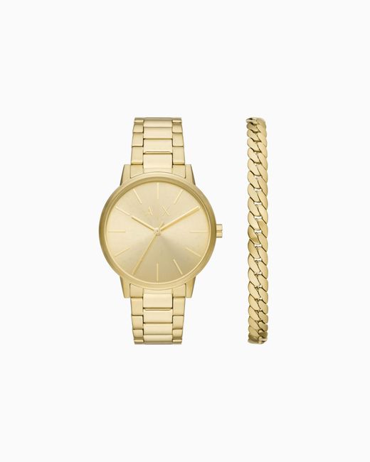 ARMANI EXCHANGE White Three-Hand Watch And Stainless Steel Bracelet Set for men