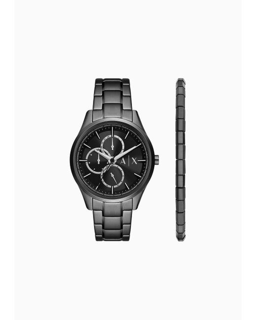 Armani Exchange Multifunction Black Stainless Steel Watch And Bracelet Set for men