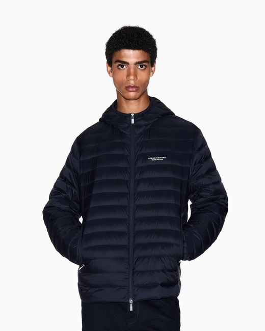 ARMANI EXCHANGE Blue Quilted Nylon Down Puffer Jacket With Hood Essential for men