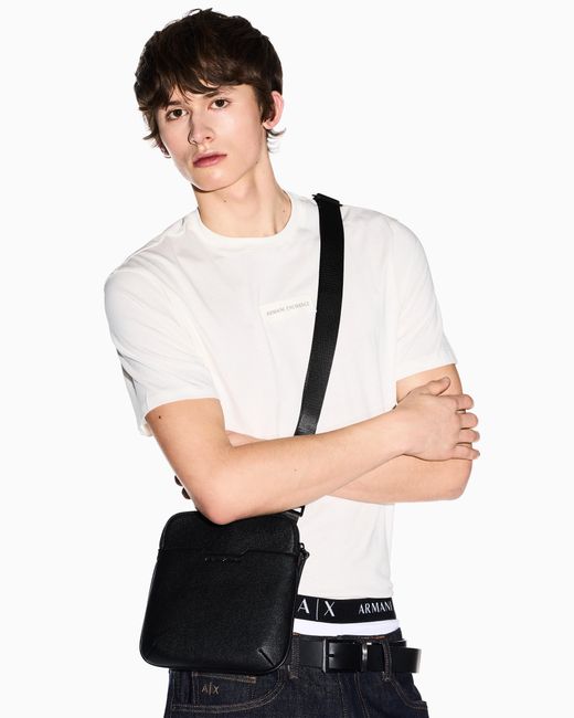 ARMANI EXCHANGE Black Textured Crossbody Bag With A Zipper And Adjustable Strap for men