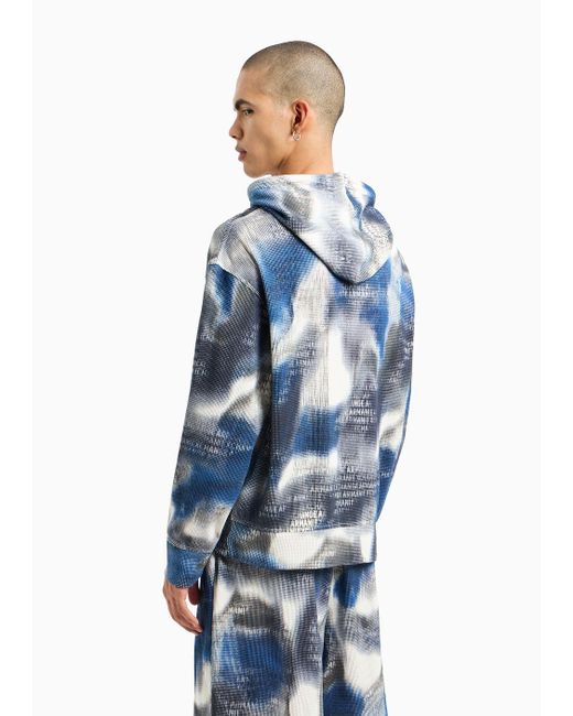 Armani Exchange Blue Hooded Sweatshirt In Stretch Camou Fabric for men
