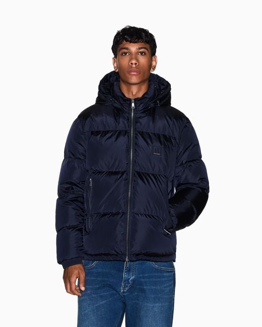 ARMANI EXCHANGE Blue Hooded Down Jacket With An Ultralight Quilted Design Icon for men
