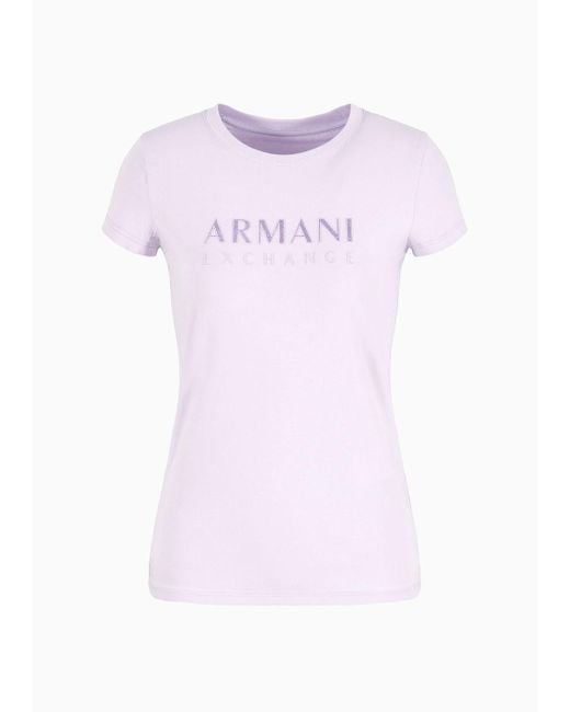 T-shirt Slim Fit In Cotone Organico Stretch Asv Con Logo Glitterato di Armani Exchange in Pink